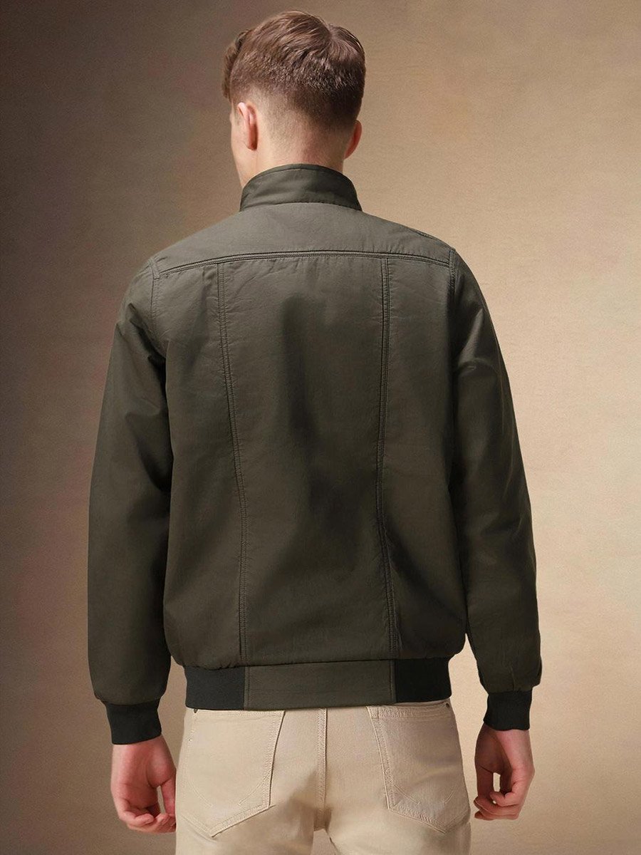 Men Olive Zip-Up Bomber Jacket