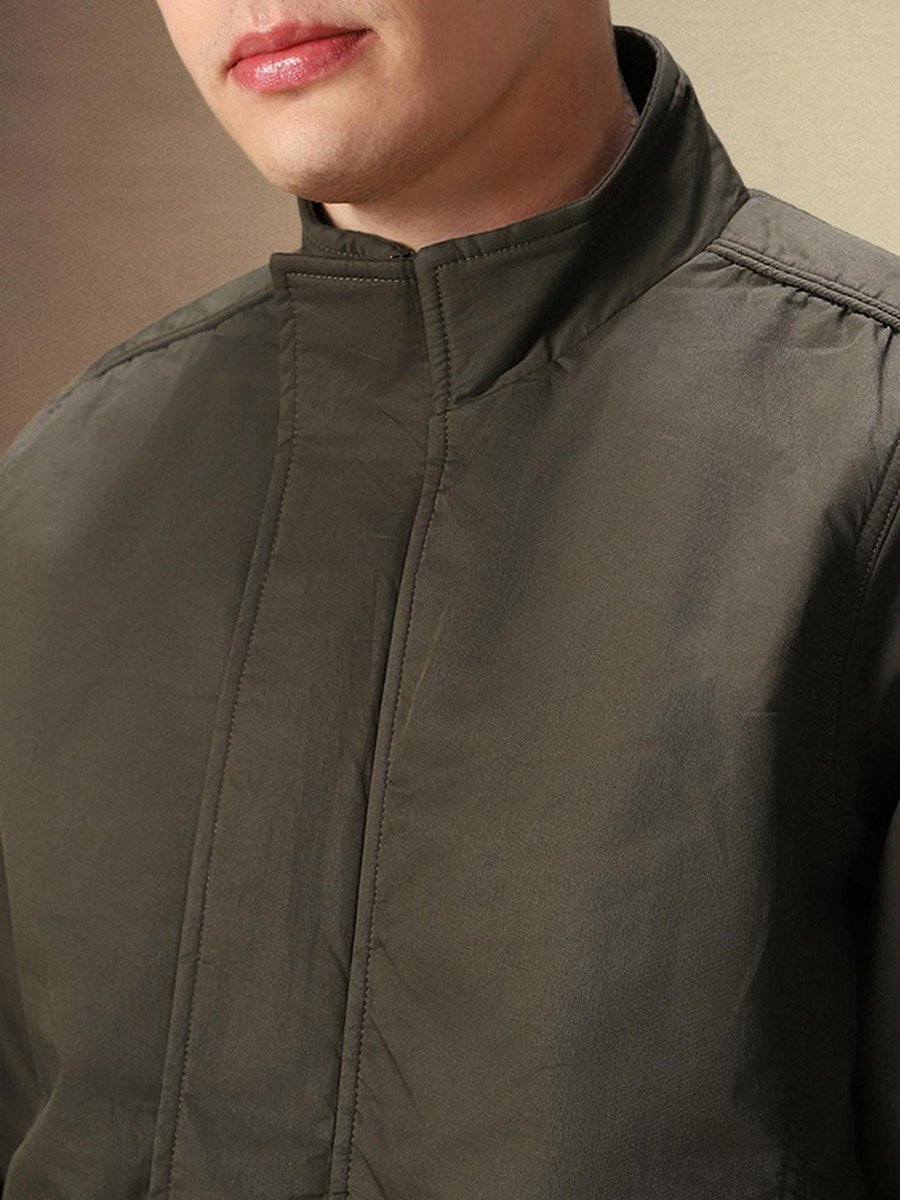 Men Olive Zip-Up Bomber Jacket