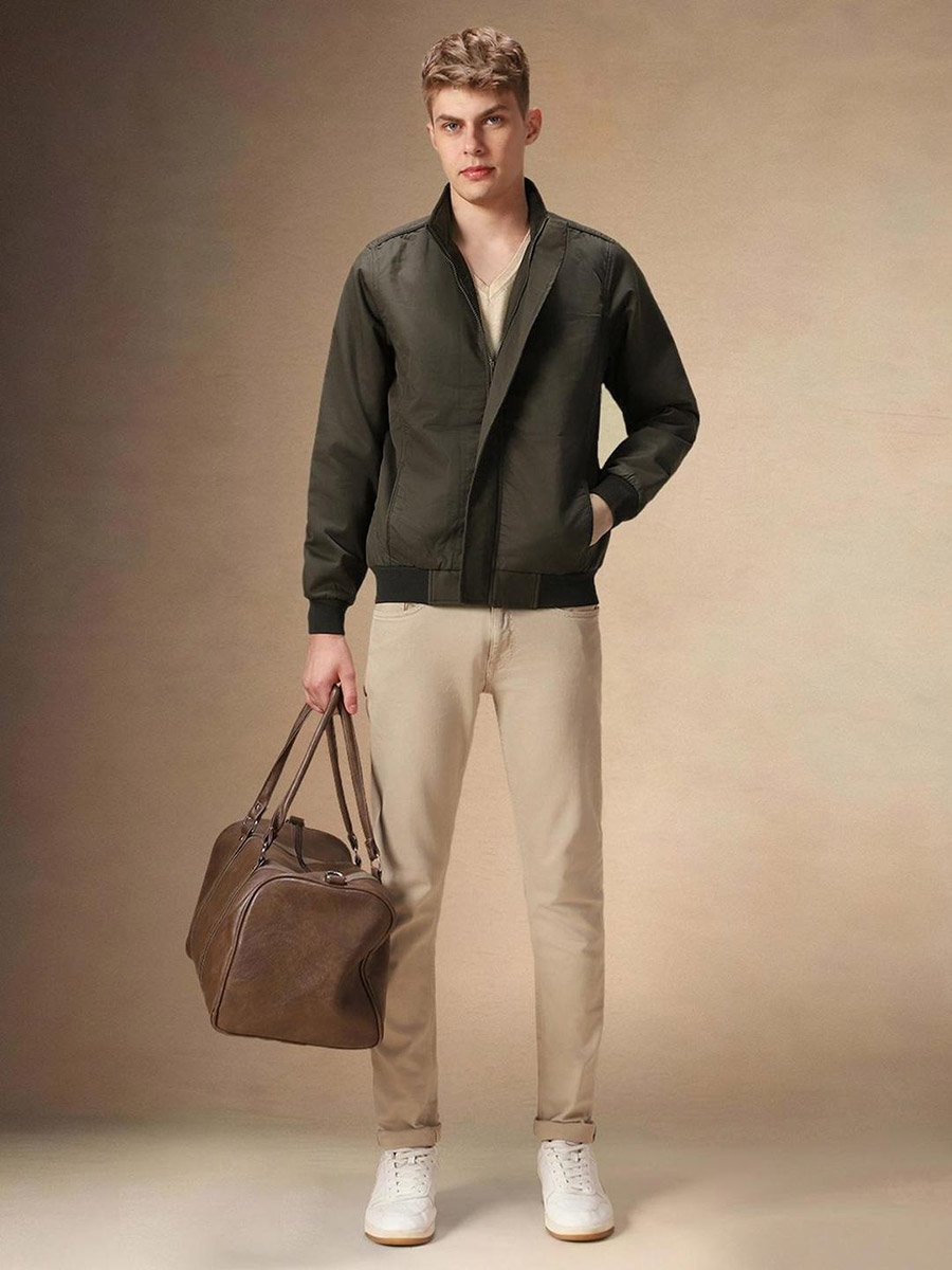 Men Olive Zip-Up Bomber Jacket
