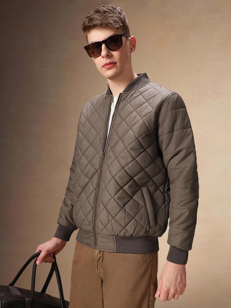 Men Brown Quilted Bomber Jacket