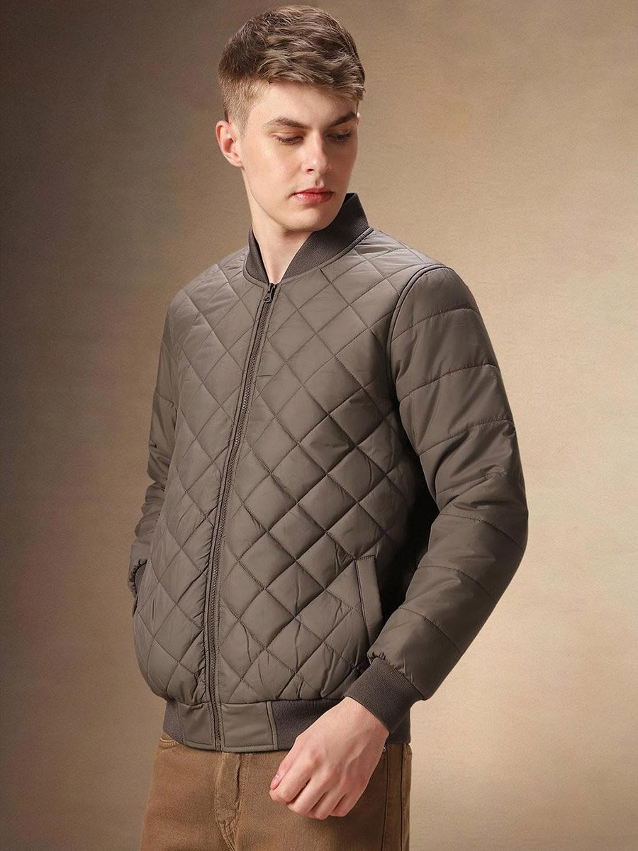 Men Brown Quilted Bomber Jacket