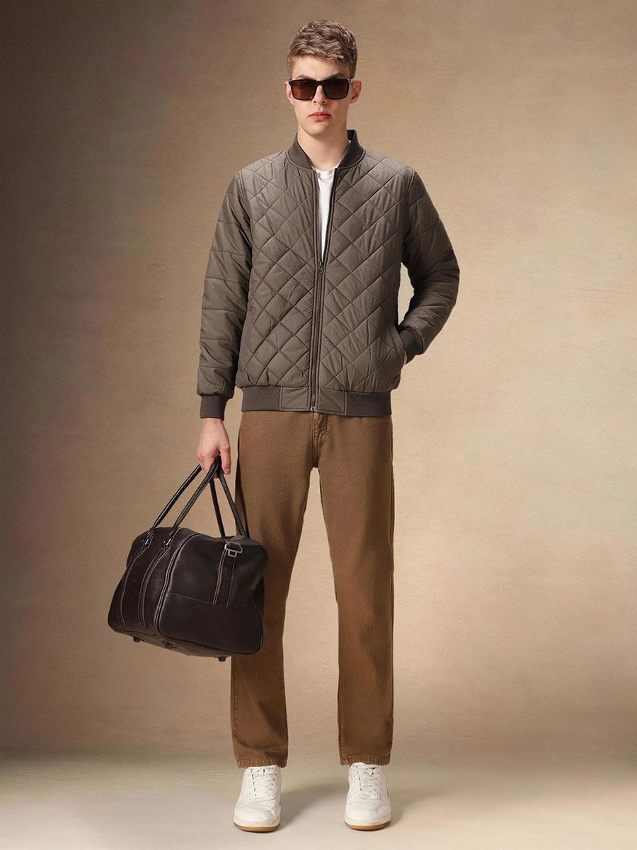 Men Brown Quilted Bomber Jacket