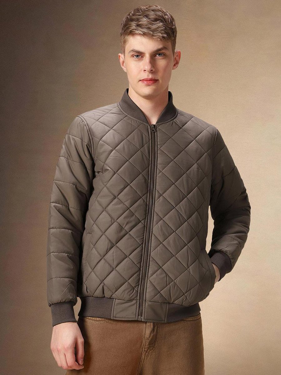 Men Brown Quilted Bomber Jacket