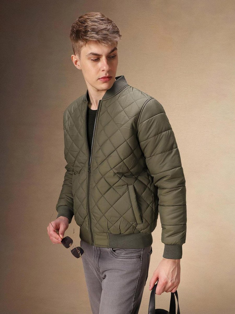 Men Olive Quilted Zip-Up Bomber Jacket