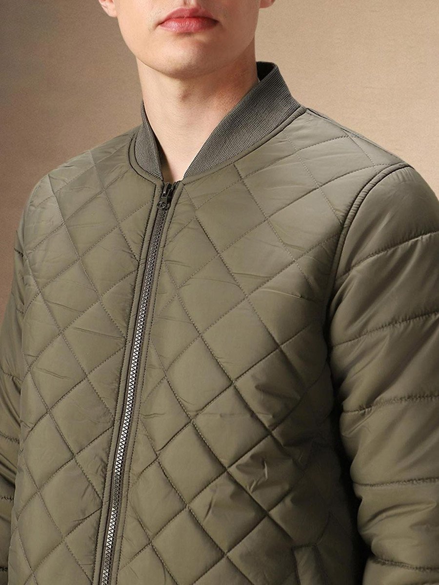 Men Olive Quilted Zip-Up Bomber Jacket