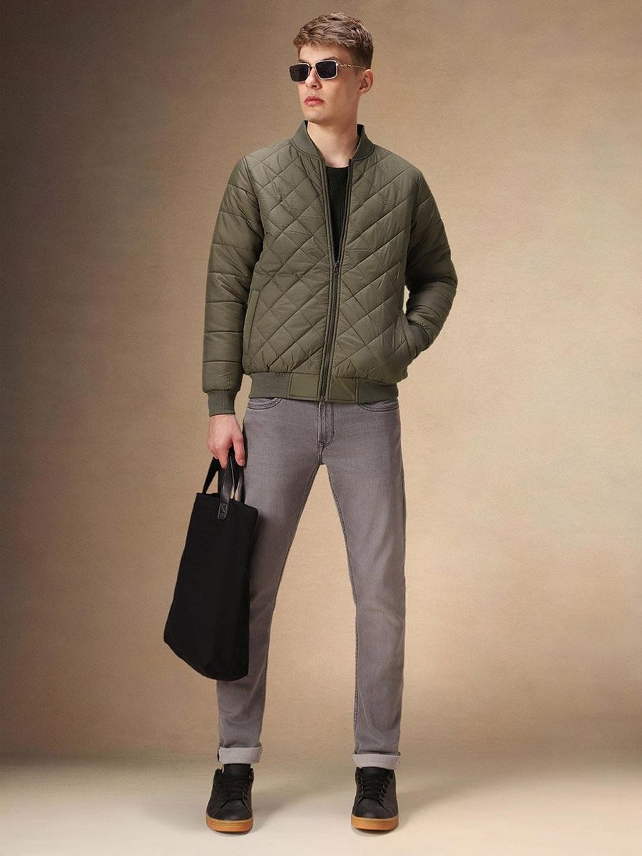Men Olive Quilted Zip-Up Bomber Jacket