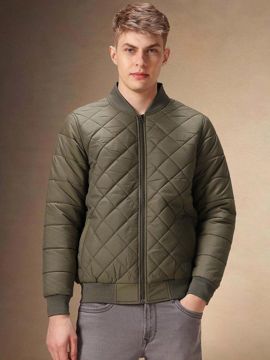Men Olive Quilted Zip-Up Bomber Jacket