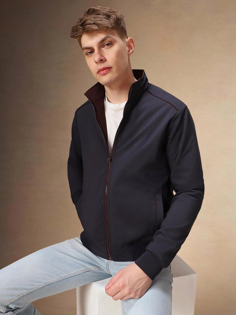 Men Mock Collar Solid Zip-Up Bomber Jacket