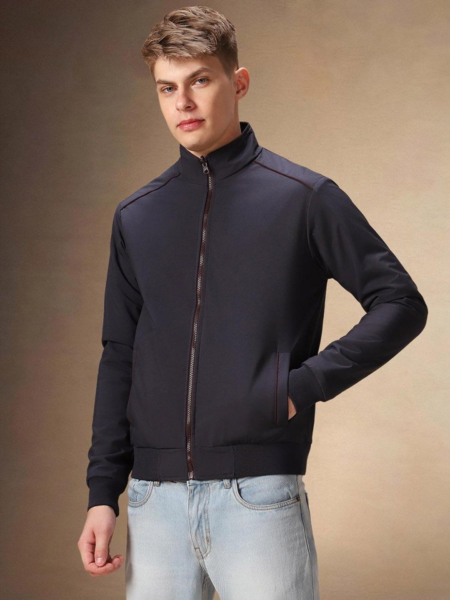 Men Mock Collar Solid Zip-Up Bomber Jacket
