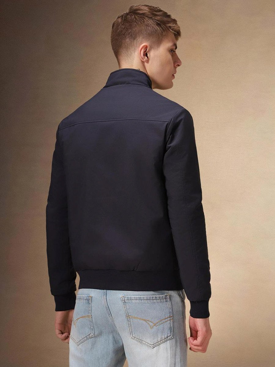 Men Mock Collar Solid Zip-Up Bomber Jacket