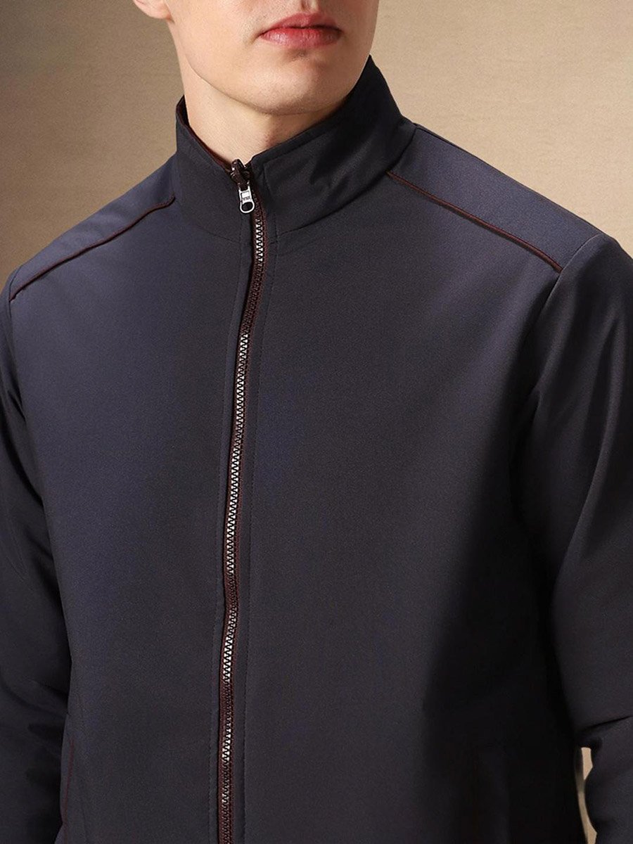 Men Mock Collar Solid Zip-Up Bomber Jacket