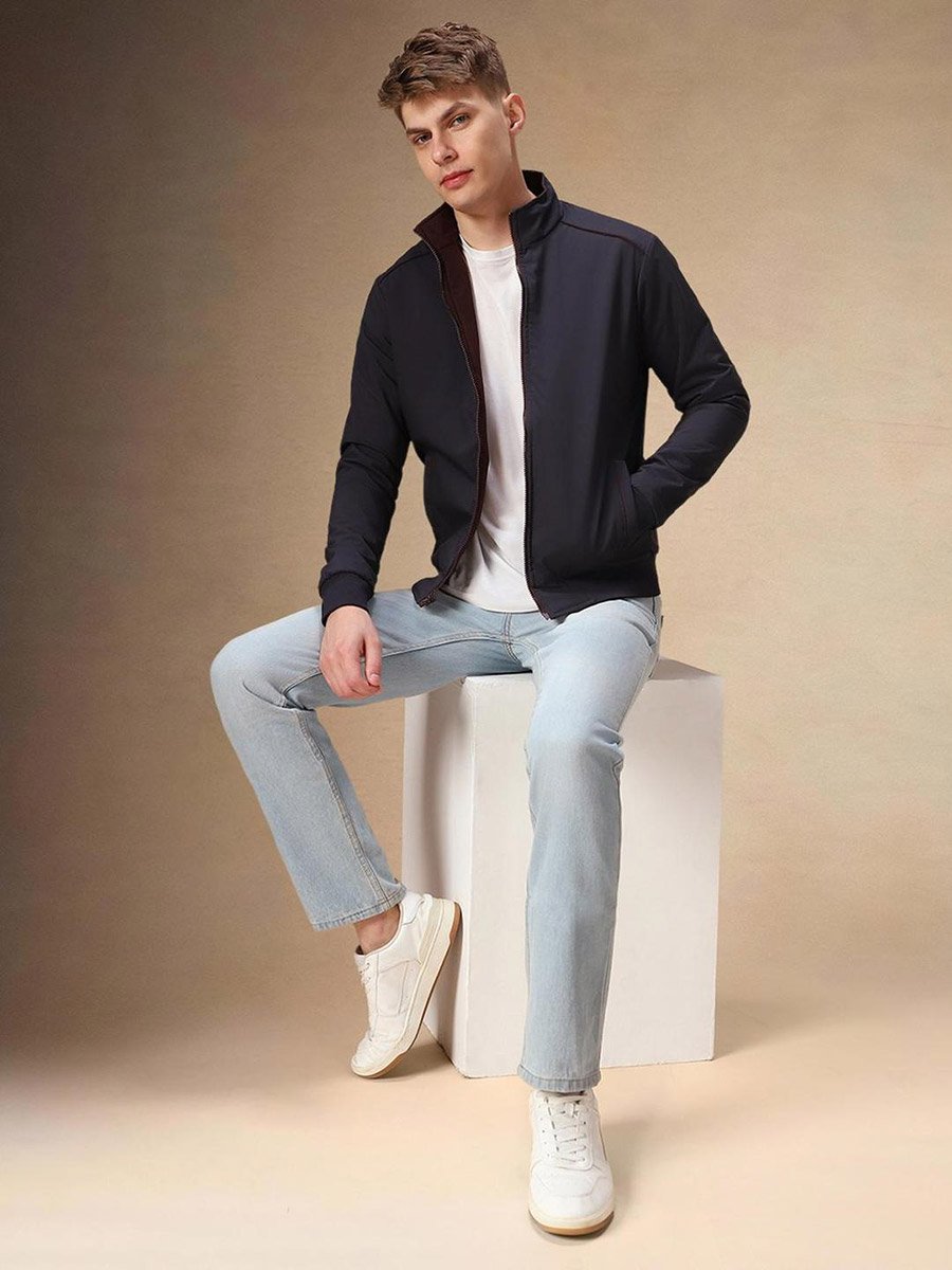 Men Mock Collar Solid Zip-Up Bomber Jacket