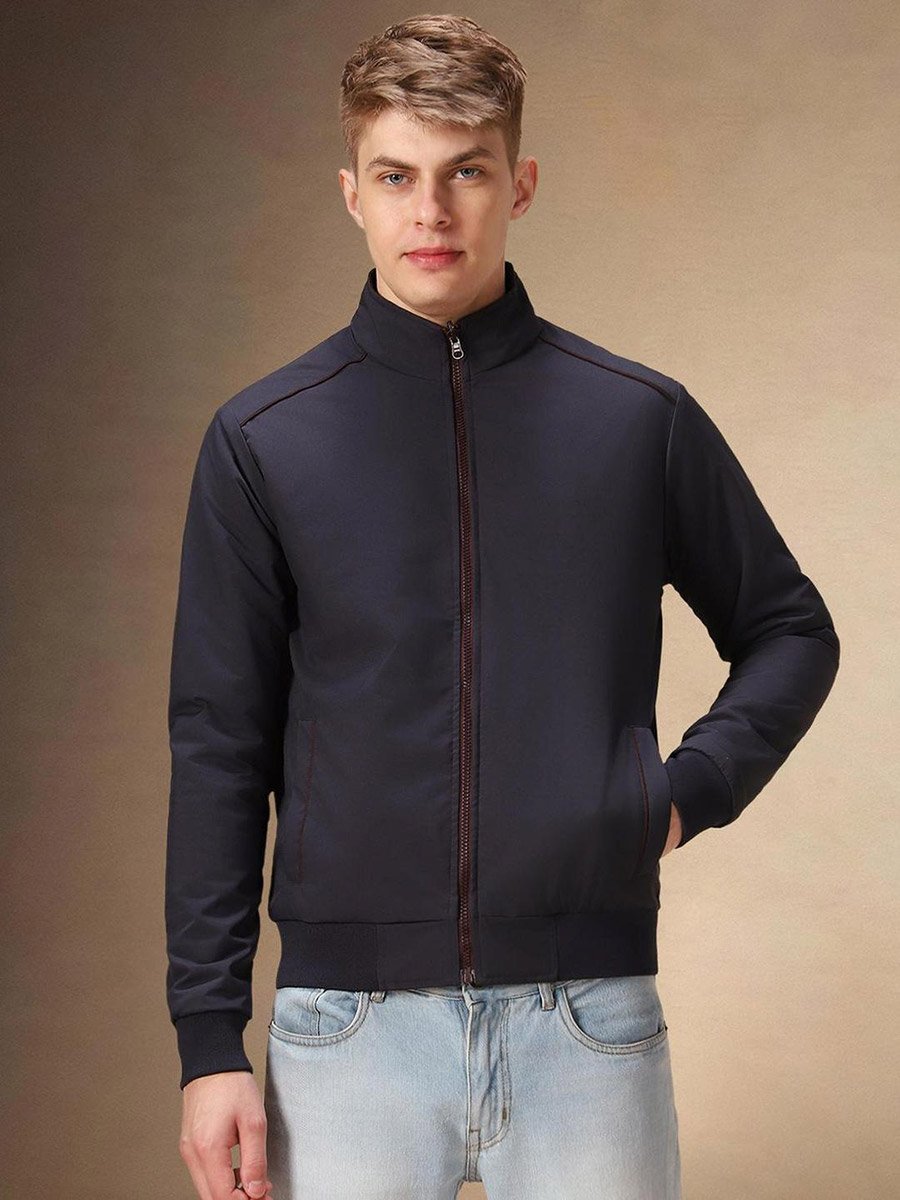 Men Mock Collar Solid Zip-Up Bomber Jacket
