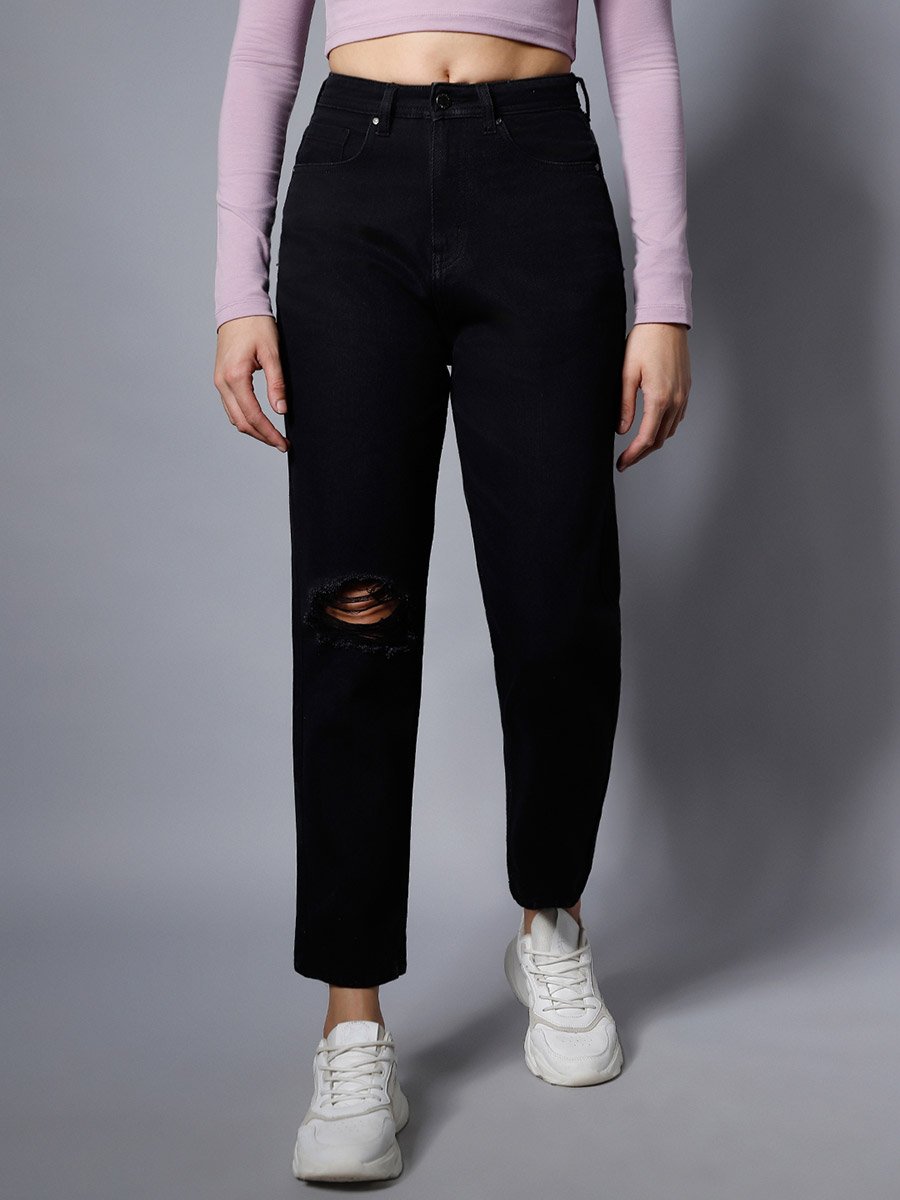 Women Black High-Rise Ripped Knee Jeans