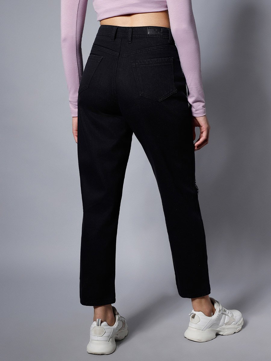 Women Black High-Rise Ripped Knee Jeans