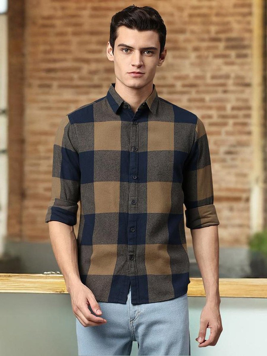 Men Brown Slim Fit Cotton Checked Shirt