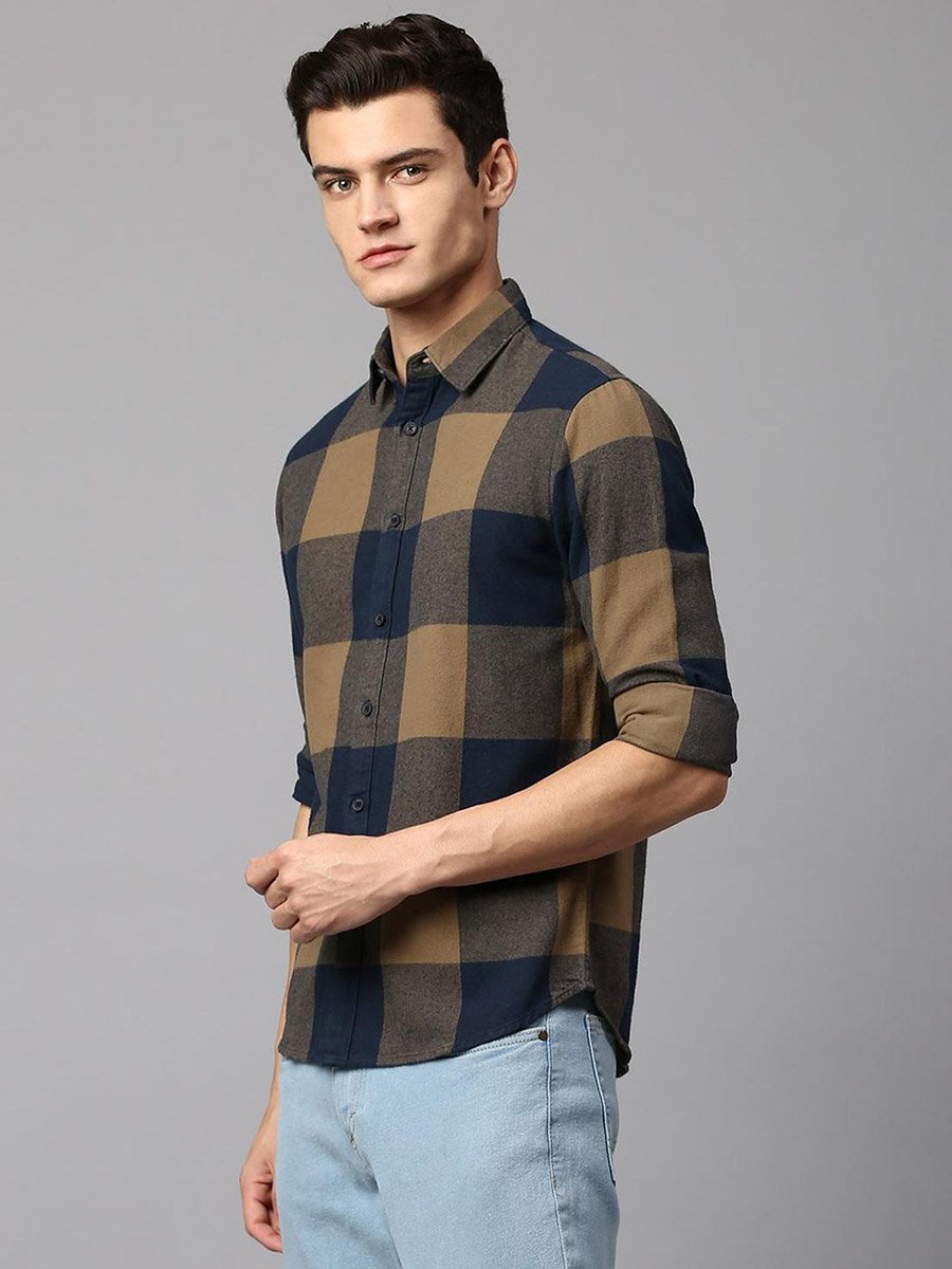 Men Brown Slim Fit Cotton Checked Shirt