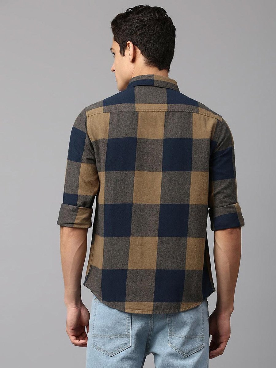 Men Brown Slim Fit Cotton Checked Shirt