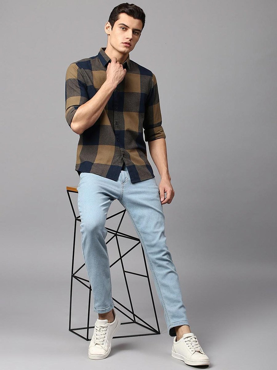 Men Brown Slim Fit Cotton Checked Shirt