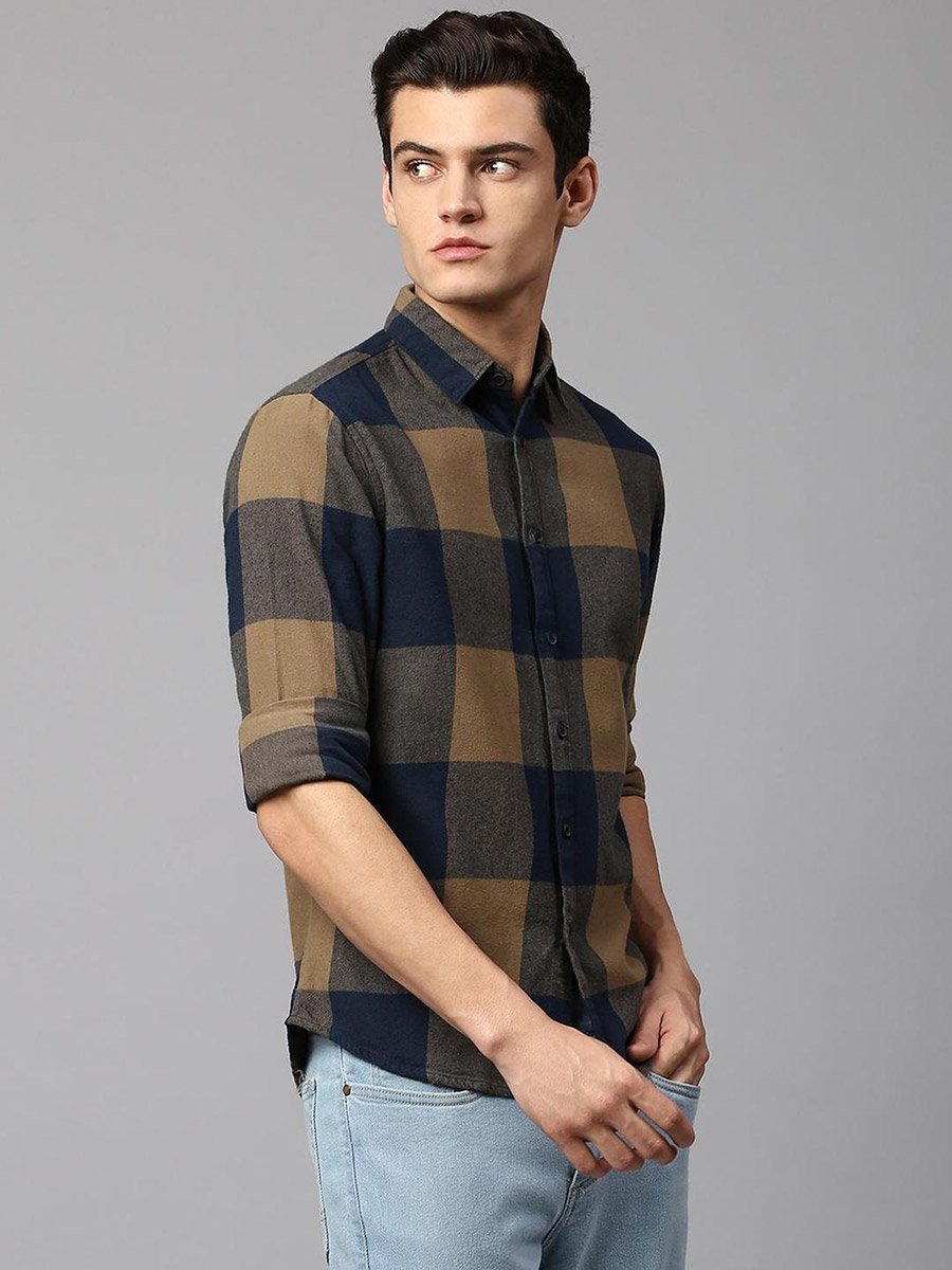 Men Brown Slim Fit Cotton Checked Shirt