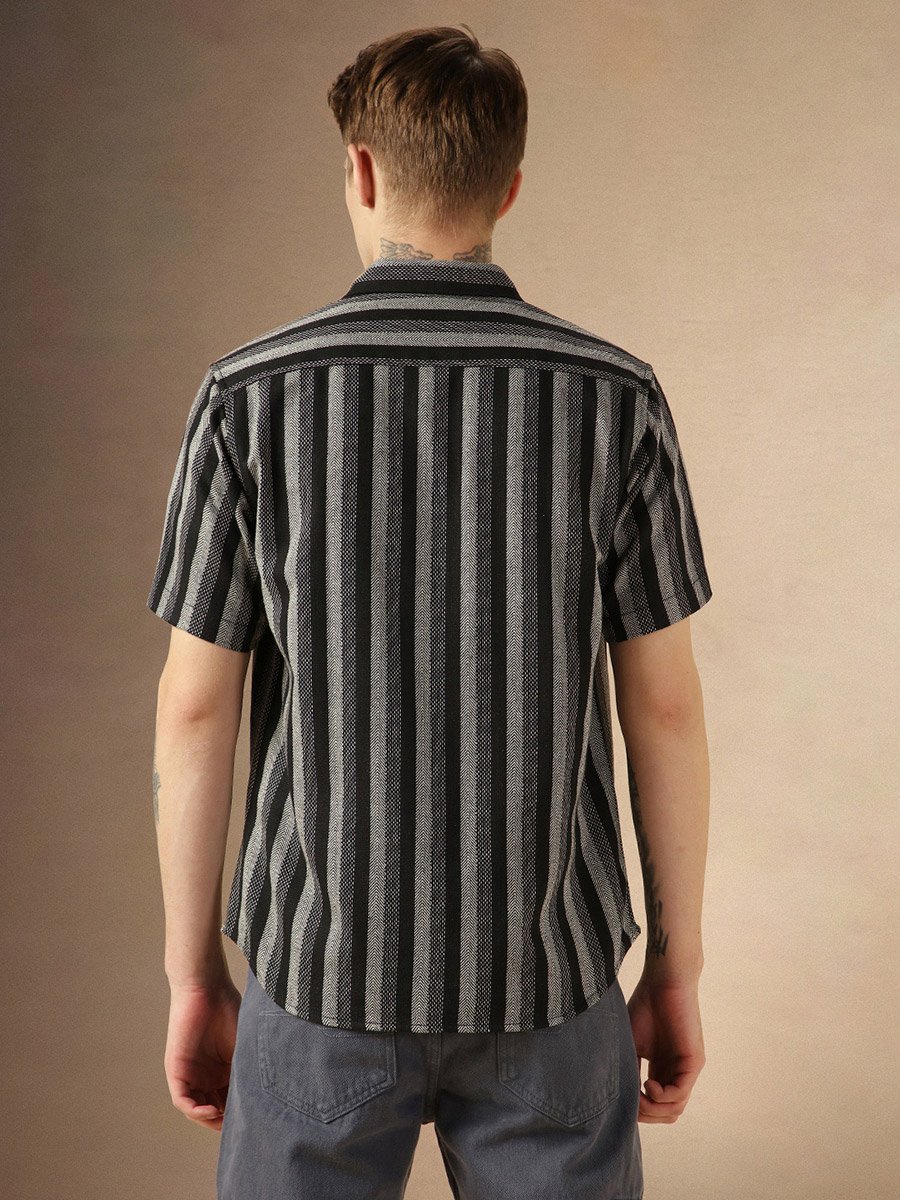 Men Relaxed Fit Striped Waffle Knit Casual Shirt