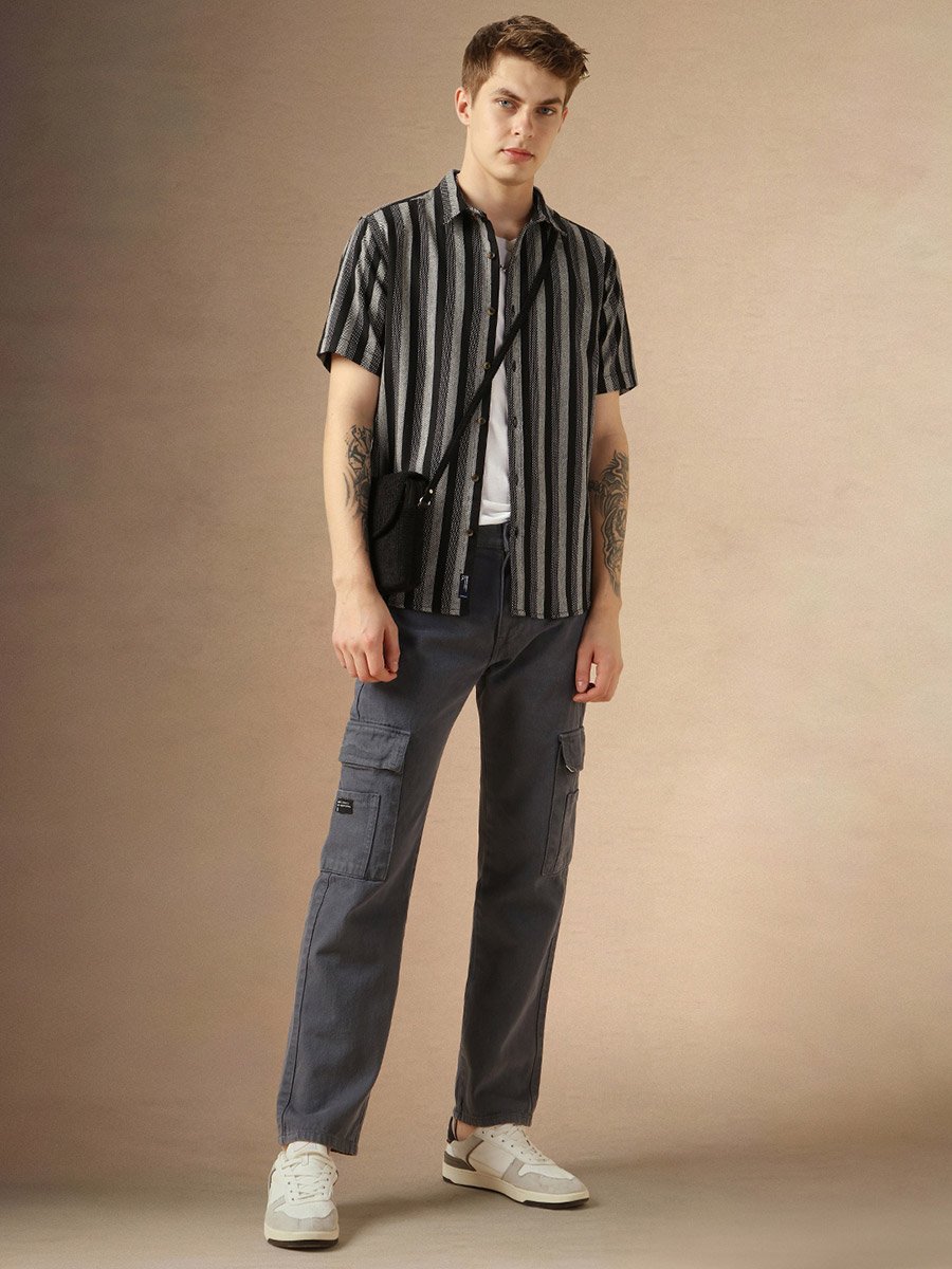 Men Relaxed Fit Striped Waffle Knit Casual Shirt