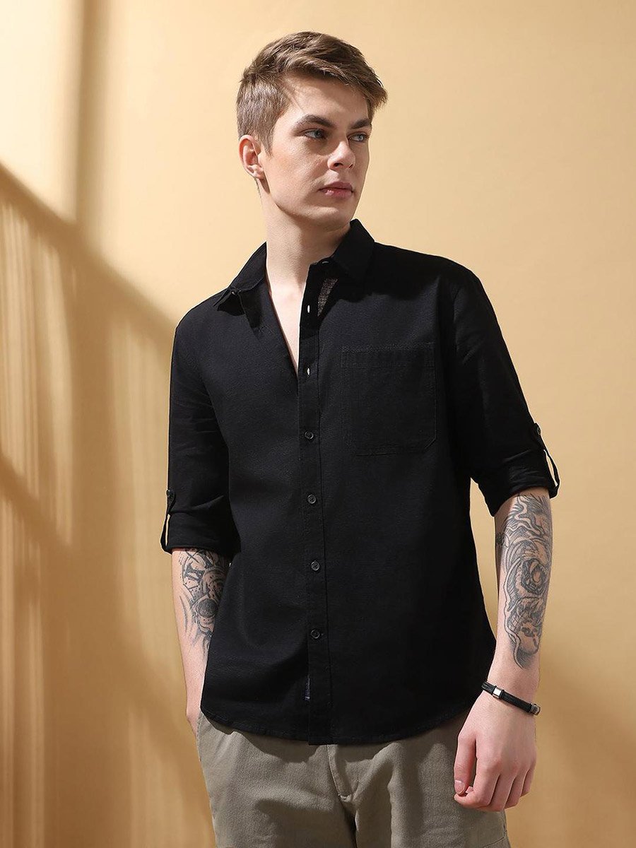 Men Solid Roll-Up Sleeves Cotton Shirt