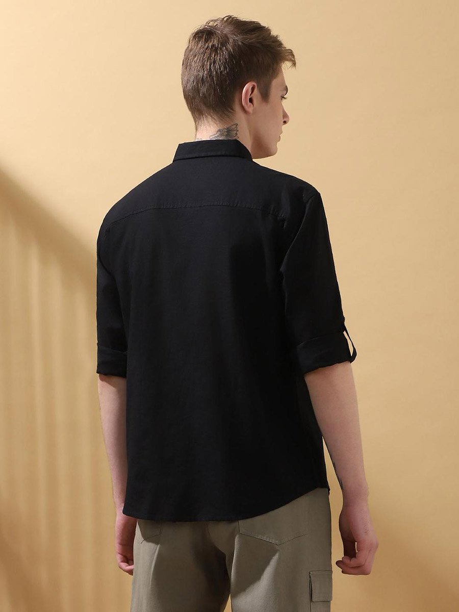 Men Solid Roll-Up Sleeves Cotton Shirt