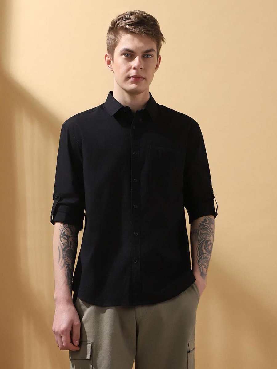 Men Solid Roll-Up Sleeves Cotton Shirt