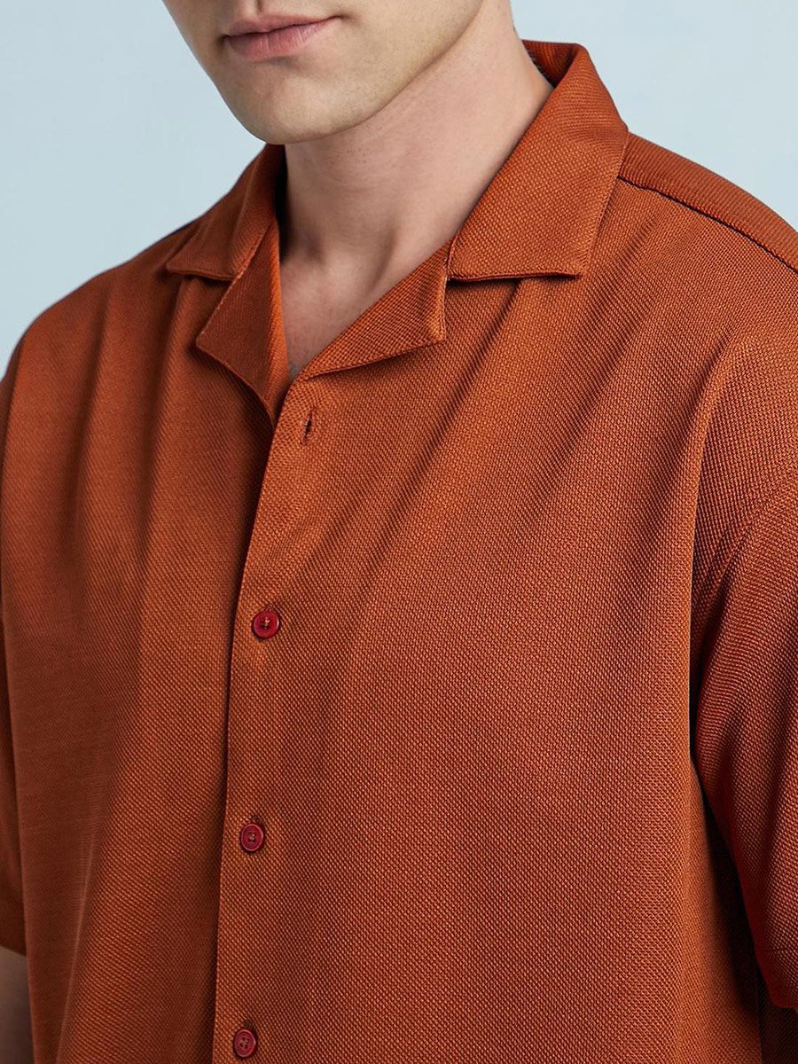 Men Textured Cuban Collar Relaxed Fit Shirt