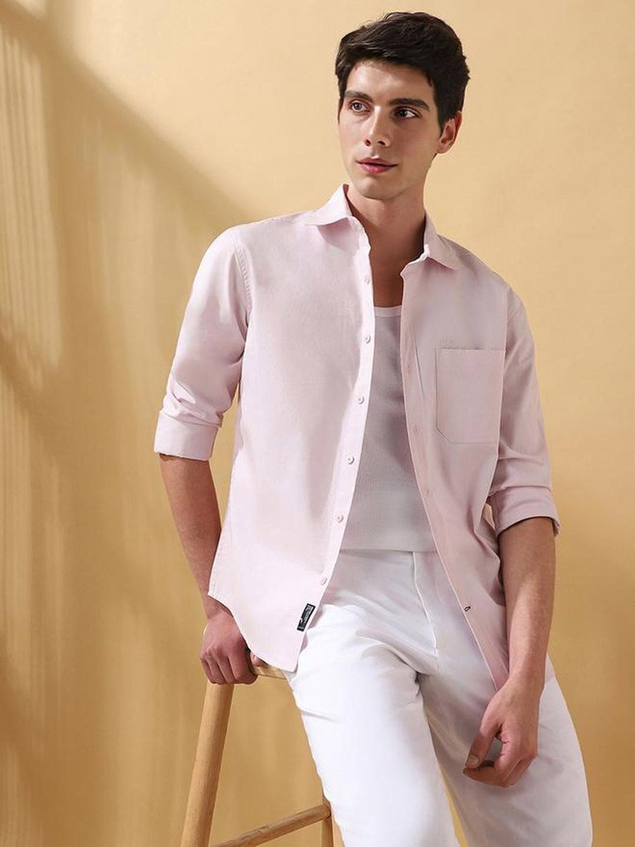 Men Light Pink Cotton Spread Collar Shirt