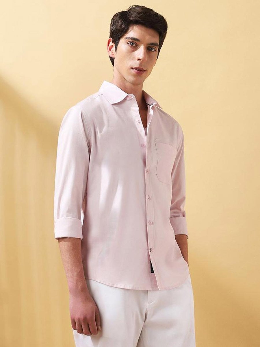 Men Light Pink Cotton Spread Collar Shirt