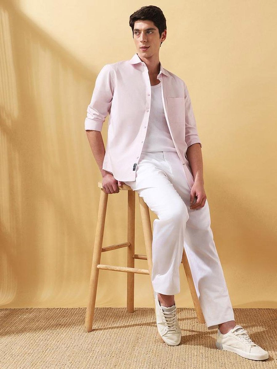 Men Light Pink Cotton Spread Collar Shirt