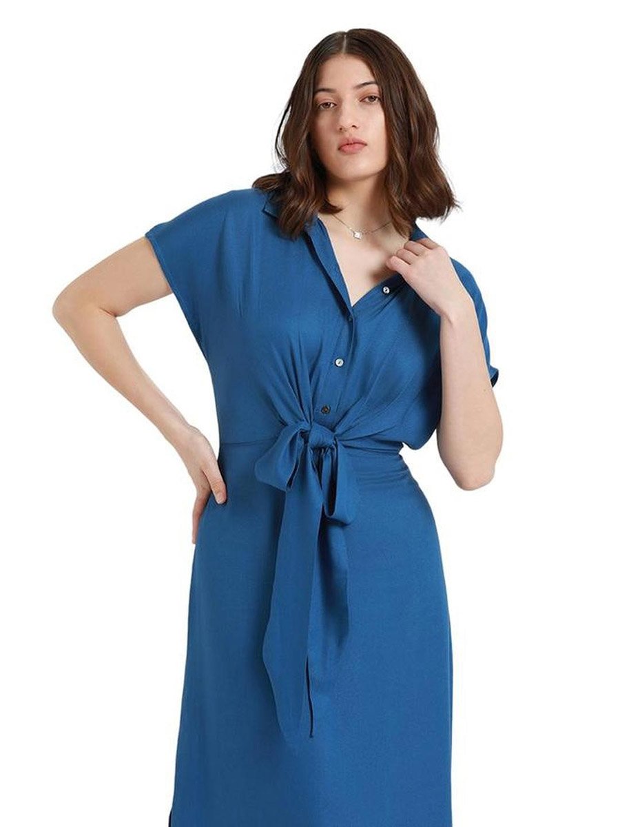 Belted Shirt Midi Dress with Tie Waist