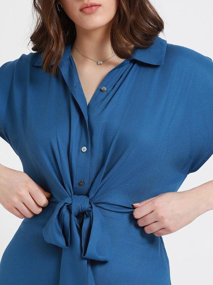 Belted Shirt Midi Dress with Tie Waist