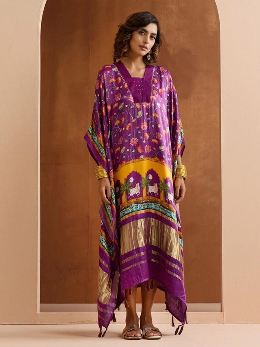 Purple Floral Viscose Kaftan Dress For Women at UAE | Styli
