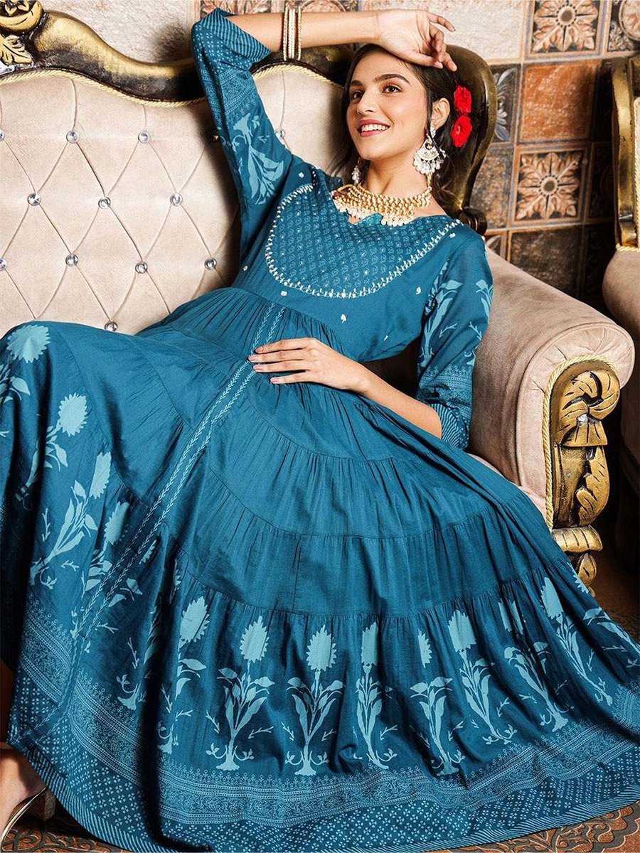 self designed dress Royal Blue Square Neck Puff Sleeve Self Design Lace