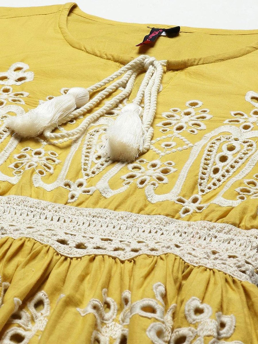 Mustard Schiffli Embroidered Knee Length Dress For Women at UAE | Styli