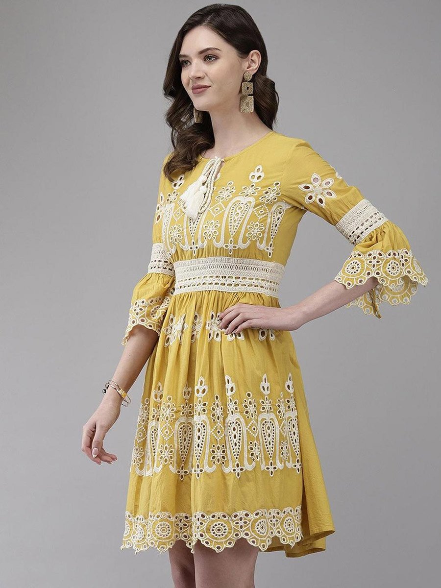 Mustard Schiffli Embroidered Knee Length Dress For Women at UAE | Styli Mustard Schiffli Embroidered Knee Length Dress For Women at UAE | Styli