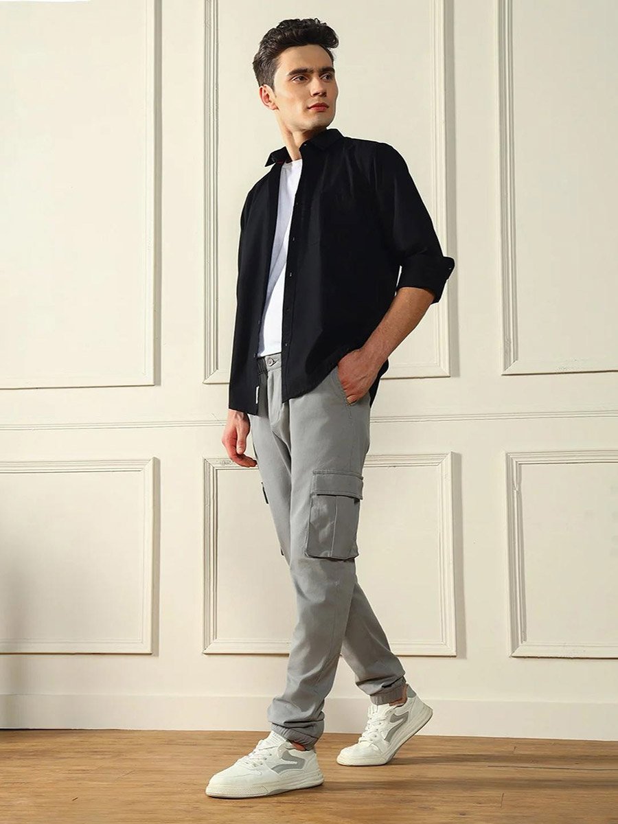 Men Grey Relaxed Cotton Cargo Pants