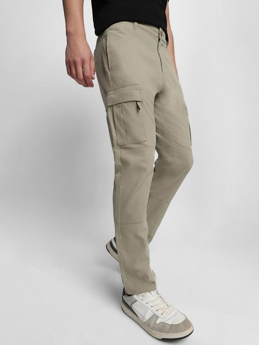 Men Beige Mid Rise Slim Fit Cargo Pants