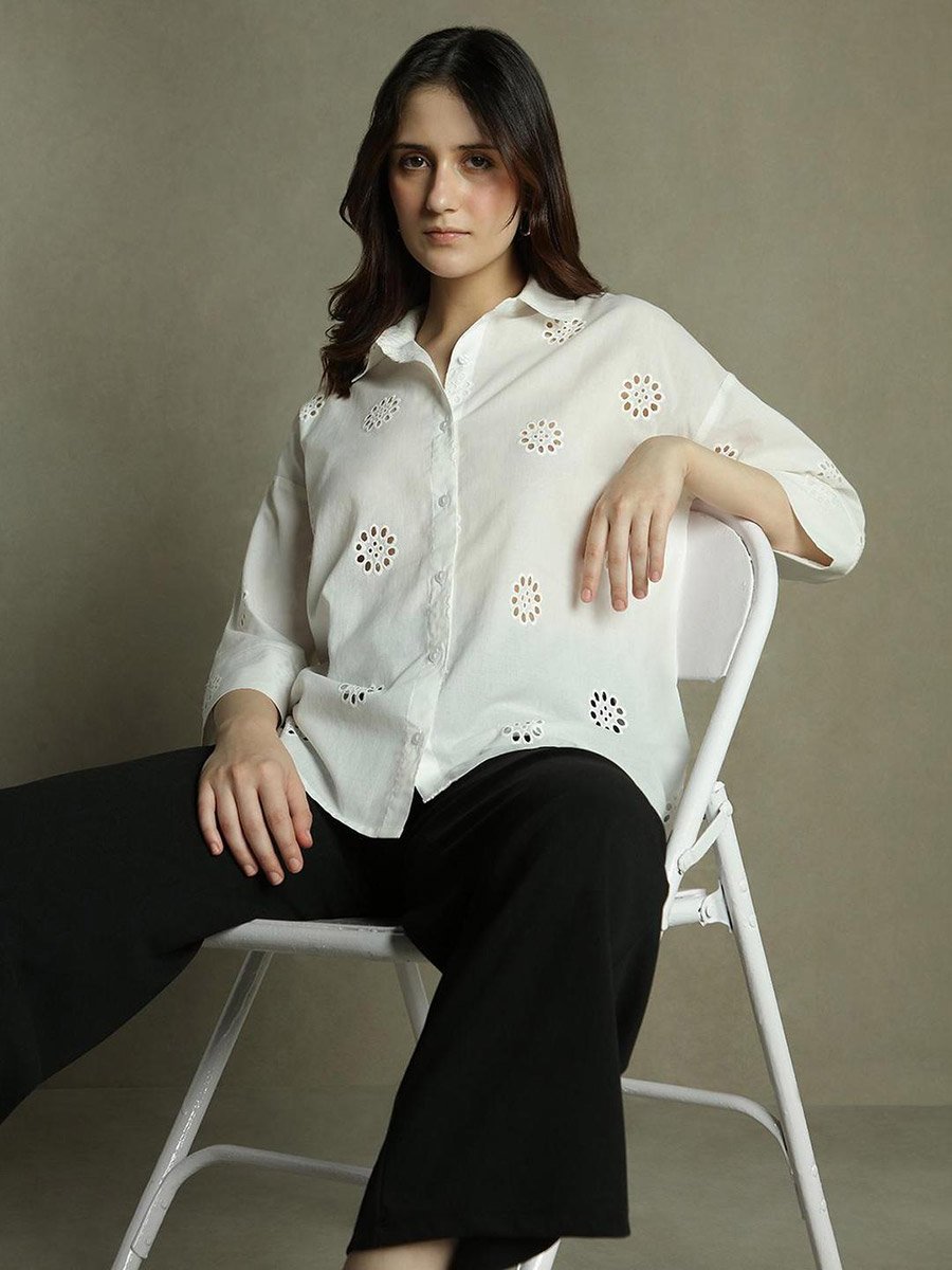 White Relaxed Fit Schiffli Casual Shirt