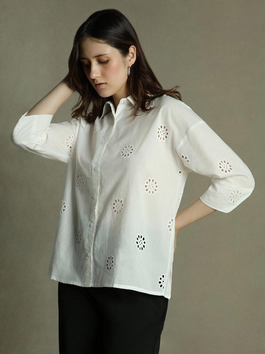 White Relaxed Fit Schiffli Casual Shirt