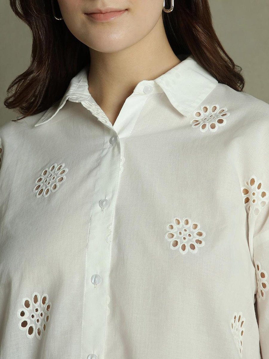 White Relaxed Fit Schiffli Casual Shirt