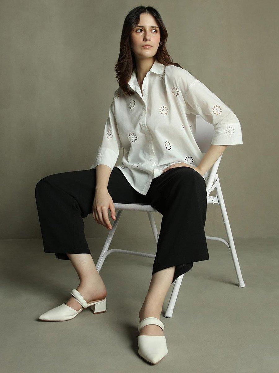 White Relaxed Fit Schiffli Casual Shirt