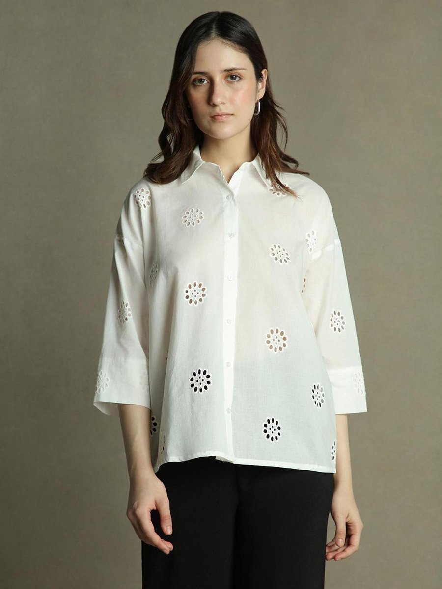 White Relaxed Fit Schiffli Casual Shirt