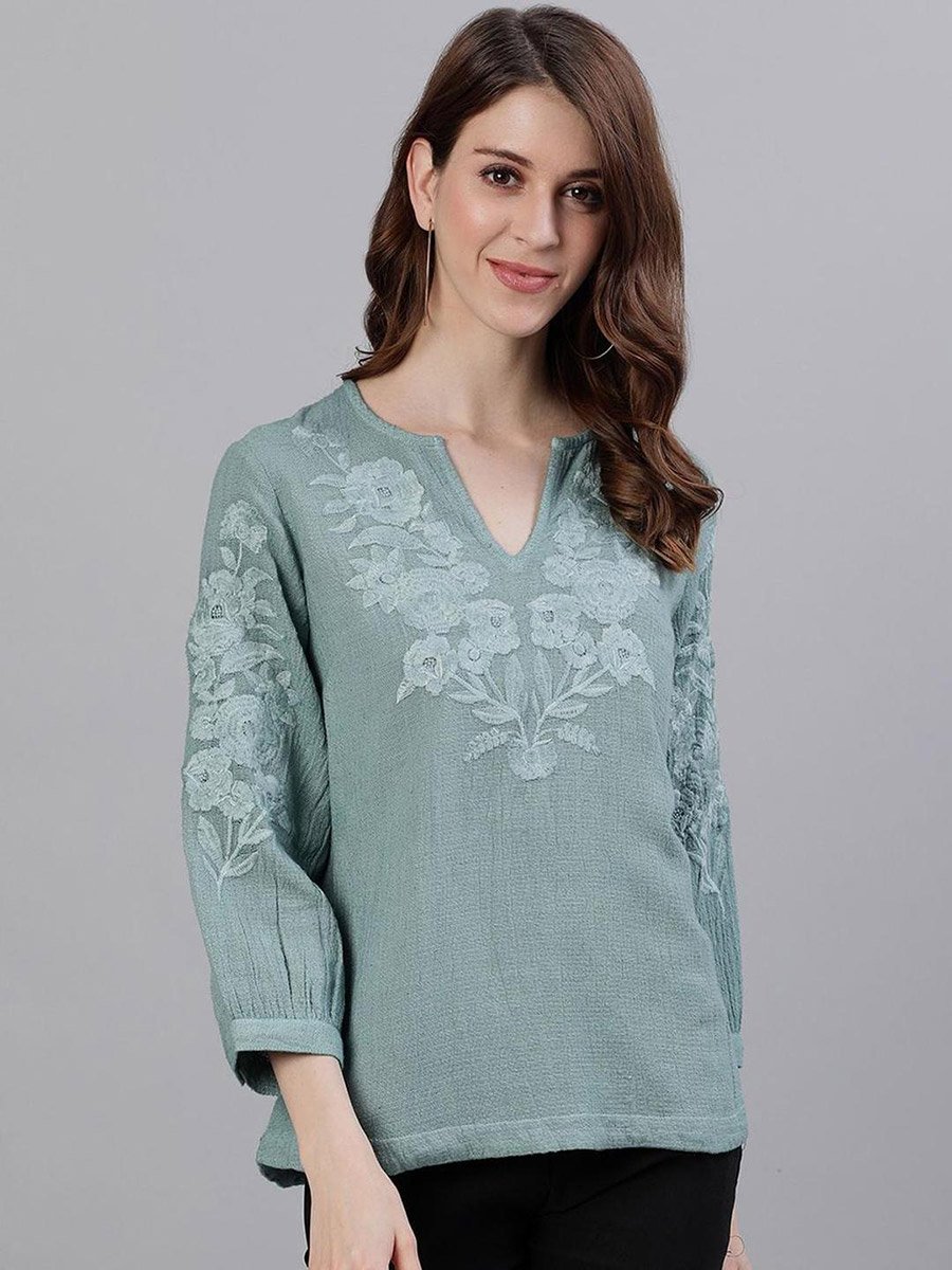 Green Floral Embroidered Top