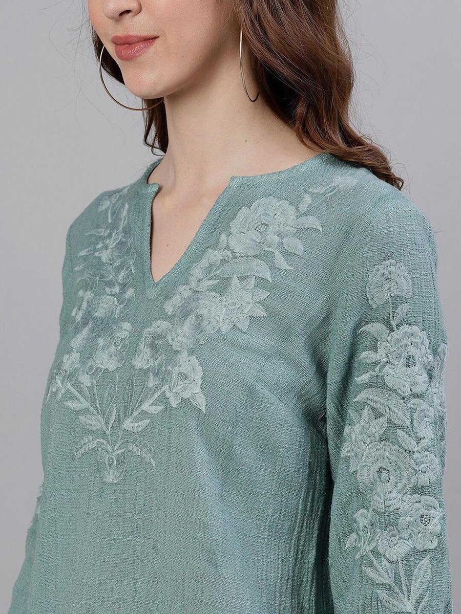 Green Floral Embroidered Top