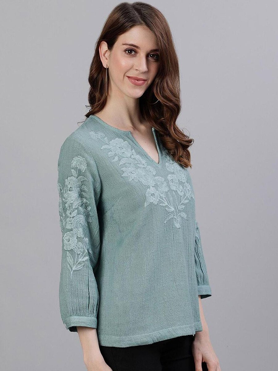 Green Floral Embroidered Top