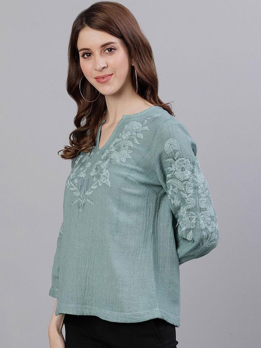Green Floral Embroidered Top